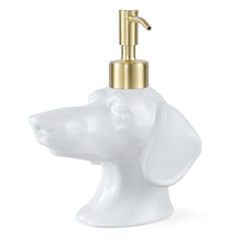 Load image into Gallery viewer, Dachshund Dog Shaped Soap/Lotion/Hand Sanitizer Weiner Ceramic Stainless Steel Pump Dispenser Gift for Dog Lover, Refillable for Kitchen and Bathroom (White)