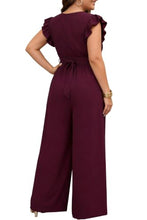 Load image into Gallery viewer, Chevibe Plus Size Jumpsuits for Women V Neck Ruffle Sleeve Wide Leg Rompers with Pockets Belted High Waist Casual Formal Jumpsuit