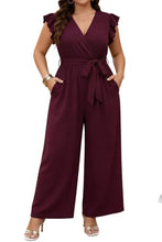 Load image into Gallery viewer, Chevibe Plus Size Jumpsuits for Women V Neck Ruffle Sleeve Wide Leg Rompers with Pockets Belted High Waist Casual Formal Jumpsuit