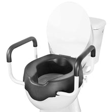 Load image into Gallery viewer, KMINA 4 Inch Soft Raised Toilet Seat with Handles and Lid, 220 lb Capacity, Fits Round & Compact Elongated Bowls up to 15" Wide, Tool-Free Clamp-On Riser, Black