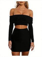 Load image into Gallery viewer, Darupo Women’s Mesh Ruched Bodycon Off Shoulder Dress Long-Sleeve Sheer Mini Clubwear, Stretchy Slim-Fit Cocktail Party Outfit (US, Alpha, Large, Regular, Regular, Black)