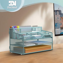 Load image into Gallery viewer, Docnest 3 Tier Mesh Desk Organizer for Paper Office Supplies – Multi-Functional Letter Tray with 5 Adjustable Compartments, 3 Pen Holders, Desktop Storage for Files, Mail, Stationery – Blue