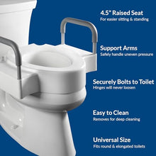 Load image into Gallery viewer, Bemis Rise 4.5" Raised Toilet Seat with Support Handles, Hinges Never Loosen, Fits Round and Elongated