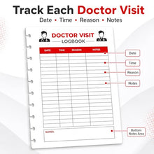 Load image into Gallery viewer, Doctor Visit Logbook Inserts, Classic 9-Disc Mushroom-Punched Refill Pages, 50 Double-Sided Sheets, 7 x 9.25 Inch, 100 GSM White Paper, Medical Appointment Notes for Discbound Planners, Inserts Only