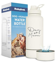 Load image into Gallery viewer, Dog Mom Water Bottle - 32 oz Stainless Steel Double Wall Insulated with 8 oz Detachable Bowl on Bottom - Cool Dog Mom Gifts for Women for Hiking, Walking, Travel and Everyday Adventures - DM Cream