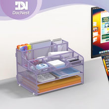 Load image into Gallery viewer, Docnest 3 Tier Mesh Desk Organizer for Paper Office Supplies – Multi-Functional Letter Tray with 5 Adjustable Compartments, 3 Pen Holders, Desktop Storage for Files, Mail, Stationery – Purple