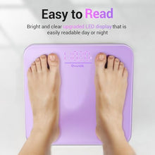 Load image into Gallery viewer, Ovutek Bathroom Scale for Body Weight, Highly Accurate Digital Weighing Machine for People, Upgraded Batteries Included, Compact Size, LED Display, High Standards Sturdy Tempered Glass, 400lb (Purple)