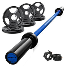 Load image into Gallery viewer, RitFit Barbell Weight Set - 4/6FT Olympic Barbell with Weight Plates (55-275LB Total) - 4FT Black/Blue Bar with 35LB Plates