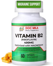 Load image into Gallery viewer, Doc Mila Vitamin B2 Riboflavin 400mg Capsules – Migraine Relief Supplement for Kids & Adults – Headache Support – Vegan Vitamin Tablets – 60 Pills (200mg per Capsule)