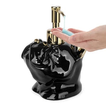 Load image into Gallery viewer, NEWHENGS French Bulldog Shaped Soap/Lotion/Hand Sanitizer Bulldog Ceramic Stainless Steel Pump Dispenser Gifts for Lover, Refillable for Kitchen and Bathroom(Gold/Black)