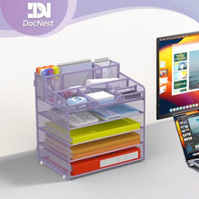 Load image into Gallery viewer, Docnest 5 Tier Mesh Desk Organizer for Paper Office Supplies – Multi-Functional Letter Tray with 5 Adjustable Compartments, 3 Pen Holders, Desktop Storage for Files, Mail, Stationery – Purple