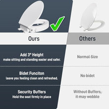 Load image into Gallery viewer, BIGCOW Raised Toilet Seat with Bidet - Elongated, Soft Close, 3" Height - Dual Nozzle (Frontal & Rear Wash) with Adjustable Cold Water Pressure and Stainless Steel Inlet (Elongated)
