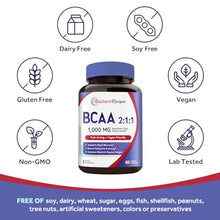 Load image into Gallery viewer, Doctor's Recipes BCAA 1000 mg, 2:1:1 Ratio, L-Leucine, L-lsoleucine, L-Valine, Branched Chain Amino Acids, Fast Recovery, Endurance, Energy, Vegan, 60 Capsules