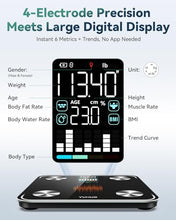 Load image into Gallery viewer, YUHUO Smart Scale for Body Weight, 4-Electrode BIA Body Composition Scale with High Precision, Large LED Display, Digital Bathroom Scale for BMI, Body Fat, Muscle Mass, 18 Metrics Sync APP, 400lb