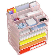 Load image into Gallery viewer, Docnest 6 Tier Mesh Desk Organizer for Paper Office Supplies – Multi-Functional Letter Tray with 5 Adjustable Compartments, 9 Pen Holders, Desktop Storage for Files, Mail, Stationery – Pink