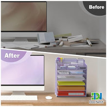 Load image into Gallery viewer, Docnest 6 Tier Mesh Desk Organizer for Paper Office Supplies – Multi-Functional Letter Tray with 5 Adjustable Compartments, 5 Pen Holders, Desktop Storage for Files, Mail, Stationery – Purple