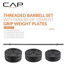Load image into Gallery viewer, CAP Threaded Barbell Set with 100 LB Cement Grip Plates | 47" Threaded Bar, 25LB / 15LB / 10LB Grip Plates, Star Collars, Home Gym Weight Set for Strength Training