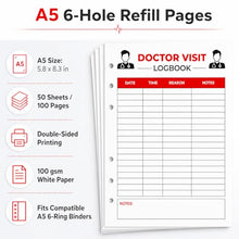 Load image into Gallery viewer, A5 Doctor Appointment Log Book Inserts, 6-Hole Medical Visit Refill Pages, 50 Sheets