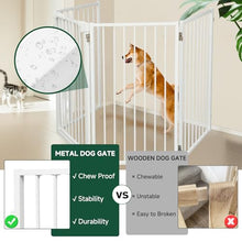 Load image into Gallery viewer, Snagle Paw Metal Freestanding Dog Gate with Door, 80” W x 32” H Dog Fence with Support Feet for Doorways, Stairs and Hallways, Portable Pet Gate for Indoor Use (4 Panel, White)
