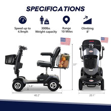 Load image into Gallery viewer, Metro Mobility 4 Wheel Electric Mobility Scooter for Adults - 300 lbs Capacity Folding Mobility Scooters for Seniors, Travel - Convenient Charging Port & 2 Cup Holders - Grey