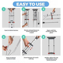 Load image into Gallery viewer, Geiserailie 1 Pair Aluminum Underarm Crutches Lightweight Crutches with Height Adjustment up to 300 Lbs Walking Aid for Adults Elder Range 4'6”– 6'6” with Underarm Pad and Hand Grip