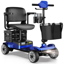 Load image into Gallery viewer, Foldable 4-Wheel Mobility Scooter for Adults – Portable Motorized Scooter with 330 lbs Capacity, Detachable Battery, Dual Baskets, Cup & Phone Holder, Blue