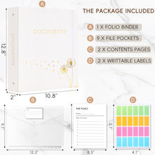 Load image into Gallery viewer, XKDOUS Important Document Organizer, Folio Folders with 9 Pockets, 3-Ring Binder Gold-Foiled Hardcover File Storage Organization Expanding File for 8.5x11 Papers, A4 Documents