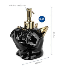 Load image into Gallery viewer, NEWHENGS French Bulldog Shaped Soap/Lotion/Hand Sanitizer Bulldog Ceramic Stainless Steel Pump Dispenser Gifts for Lover, Refillable for Kitchen and Bathroom(Gold/Black)