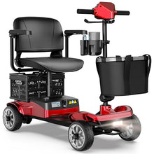 Load image into Gallery viewer, Foldable 4-Wheel Mobility Scooter for Adults – Portable Motorized Scooter with 330 lbs Capacity, Detachable Battery, Dual Baskets, Cup & Phone Holder, Red
