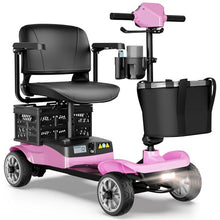 Load image into Gallery viewer, Foldable 4-Wheel Mobility Scooter for Adults – Portable Motorized Scooter with 330 lbs Capacity, Detachable Battery, Dual Baskets, Cup & Phone Holder, Pink