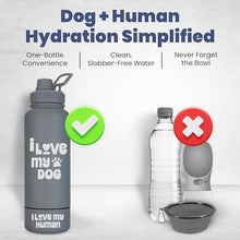 Load image into Gallery viewer, Dog Water Bottle for Dog Lovers - 32 oz Stainless Steel Double Wall Insulated Water Bottle with 8 oz Detachable Bowl on Bottom- Ideal Doggy Lover Gift for Hiking, Walking, Travel - “Love" Smoky Grey