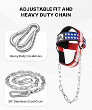 Load image into Gallery viewer, DMoose Fitness Neck Harness for Weight Lifting - Soft Padded Head & Chin Strap with 30" Heavy Duty Steel Chain - Neck Exerciser, Trainer & Strengthener to Support Injury Recovery (American)