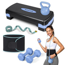 Load image into Gallery viewer, Adjustable Exercise Stepper Kit with Dumbbells & Kettlebell & Weightlifting Belt & Measuring Tape, 2 Level Risers Aerobics Step Platform for Home Gym Exercise Fitness Workout, Blue Black
