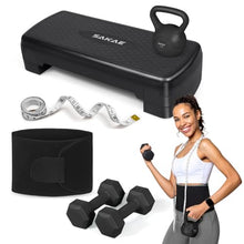 Load image into Gallery viewer, Adjustable Exercise Stepper Kit with Dumbbells & Kettlebell & Weightlifting Belt & Measuring Tape, 2 Level Risers Aerobics Step Platform for Home Gym Exercise Fitness Workout, Black