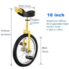 Load image into Gallery viewer, 20 Inch Outdoor Unicycle Balance Exercise Fun Bike Fitness Scooter Circus, Adjustable Seat, Loads 150kg(Yellow,20 inch)