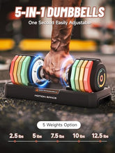 Load image into Gallery viewer, Adjustable Dumbbells Set 12.5LB Pair, 1-Sec Fast Adjustable 5 Free Weights, Premium Comfort Non-slip Metal Handle, Compact Size for Full Body Home Workout (Rainbow)