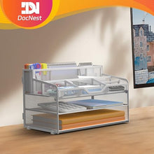 Load image into Gallery viewer, Docnest 3 Tier Mesh Desk Organizer for Paper Office Supplies – Multi-Functional Letter Tray with 5 Adjustable Compartments, 3 Pen Holders, Desktop Storage for Files, Mail, Stationery – White