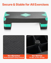 Load image into Gallery viewer, VEVOR Aerobic Exercise Step Platform, 28-Inch Workout Aerobic Stepper, Height Adjustable Fitness Training Step Deck Trainer with 4 Risers, Non-Slip Surface Bench for Home Gym Cardio Strength, Green