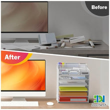 Load image into Gallery viewer, Docnest 6 Tier Mesh Desk Organizer for Paper Office Supplies – Multi-Functional Letter Tray with 5 Adjustable Compartments, 4 Pen Holders, Desktop Storage for Files, Mail, Stationery – White