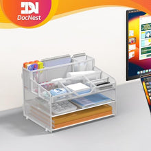 Load image into Gallery viewer, Docnest 3 Tier Mesh Desk Organizer for Paper Office Supplies – Multi-Functional Letter Tray with 5 Adjustable Compartments, 3 Pen Holders, Desktop Storage for Files, Mail, Stationery – White