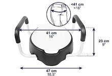 Load image into Gallery viewer, KMINA 4 Inch Soft Raised Toilet Seat with Handles and Lid, 220 lb Capacity, Fits Round & Compact Elongated Bowls up to 15" Wide, Tool-Free Clamp-On Riser, Black