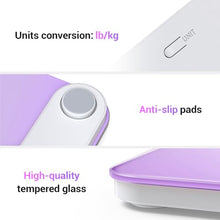 Load image into Gallery viewer, Ovutek Bathroom Scale for Body Weight, Highly Accurate Digital Weighing Machine for People, Upgraded Batteries Included, Compact Size, LED Display, High Standards Sturdy Tempered Glass, 400lb (Purple)