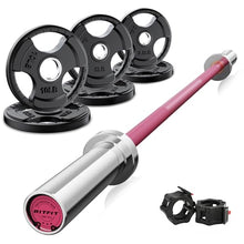 Load image into Gallery viewer, RitFit Barbell Weight Set - 4/6FT Olympic Barbell with Weight Plates (55-115LB Total) - Hip Thrusts 4FT Pink Bar with 35LB Plates