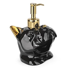Load image into Gallery viewer, NEWHENGS French Bulldog Shaped Soap/Lotion/Hand Sanitizer Bulldog Ceramic Stainless Steel Pump Dispenser Gifts for Lover, Refillable for Kitchen and Bathroom(Gold/Black)