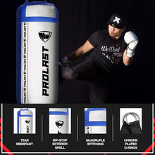 Load image into Gallery viewer, PROLAST 4 Ft 135 Lb XL Heavy Punching Boxing Bag for Adults, MMA, Martial Arts, Muay Thai, Kicking, Strength Training Equipment, Unfilled, New Edition Logo, White and Blue