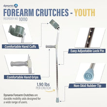 Load image into Gallery viewer, Dynarex Forearm Crutches, Push-Button Height Adjustment, Comfortable Hand Grips, 1 Pair (Youth)