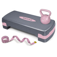 Load image into Gallery viewer, Pink Grey Exercise Step Platform Set with Kettlebell & Measuring Tape