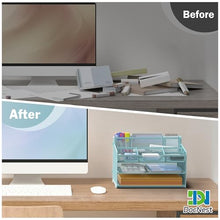 Load image into Gallery viewer, Docnest 3 Tier Mesh Desk Organizer for Paper Office Supplies – Multi-Functional Letter Tray with 5 Adjustable Compartments, 3 Pen Holders, Desktop Storage for Files, Mail, Stationery – Blue