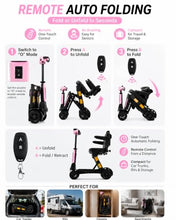 Load image into Gallery viewer, Ecomobi Light Weight Mobility Scooter for Adults&Seniors, 12–30 Mile Range Foldable Portable 4 Wheel Powered Mobility Scooter with Airline Approved Battery for Travel, 300 lb Capacity, Ultra Pink
