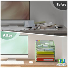 Load image into Gallery viewer, Docnest 5 Tier Mesh Desk Organizer for Paper Office Supplies – Multi-Functional Letter Tray with 5 Adjustable Compartments, 3 Pen Holders, Desktop Storage for Files, Mail, Stationery – Green